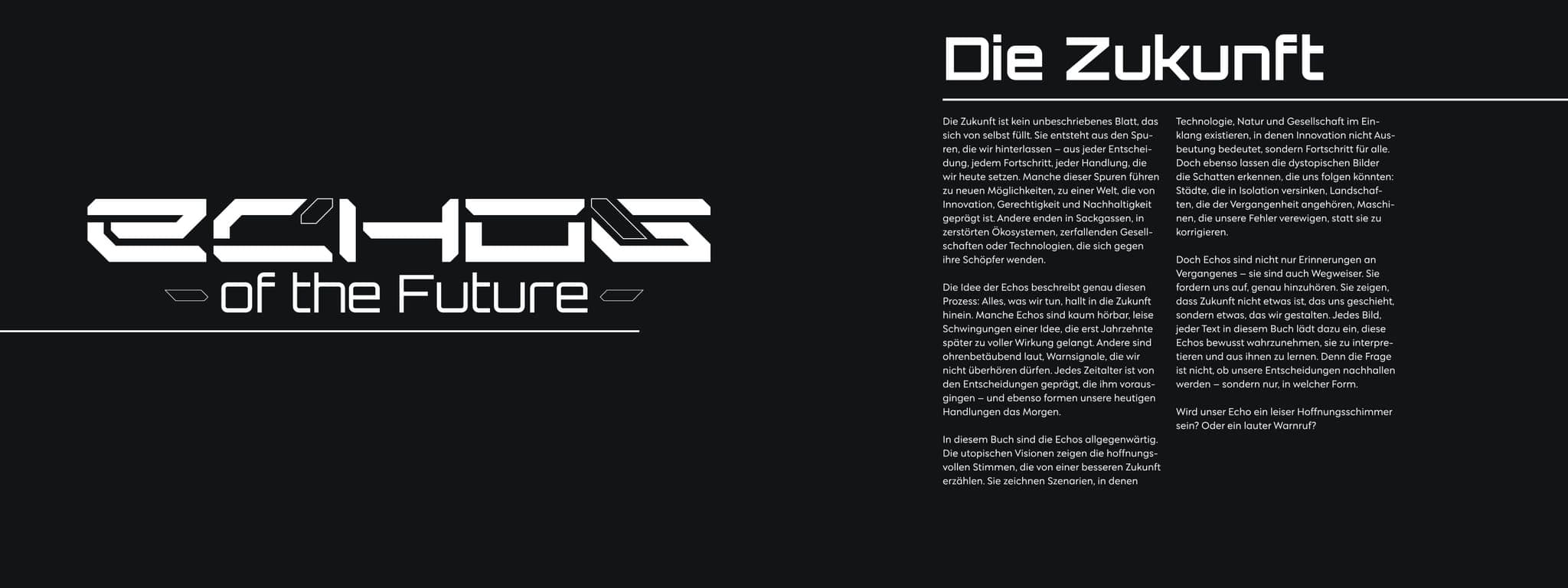 Titeldoppelseite: links das Wortsignet ECHOS of the Future weiss auf Schwarz, rechts der Einstiegstext 'Die Zukunft'.